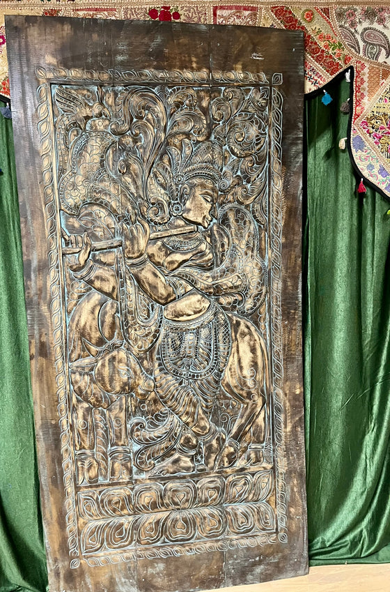 Krishna Carved Wall Panel Barn Door Brown Reclaimed Wood Home Wall Art