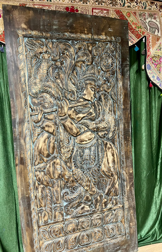 Krishna Carved Wall Panel Barn Door Brown Reclaimed Wood Home Wall Art