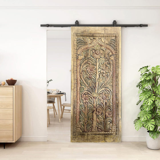 Vintage Carved Tree of Life Barn Door Colorful Reclaimed Wood Wall Panel 96