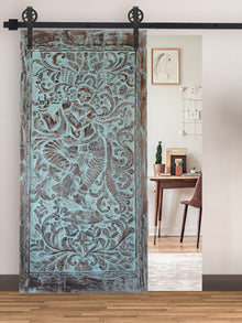  Fluting Krishna Carving, Vintage Turquoise Barn Door, CUSTOM Sliding Door 96x40