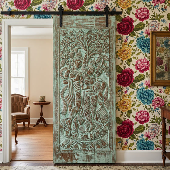 Radha Krishna Sculptural Barn Door Indian Carved Wall Art Home Accent