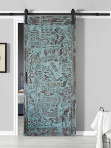  Turquoise Ganesha On Chariot Wall Sculpture, Carved Barn Door 96x40