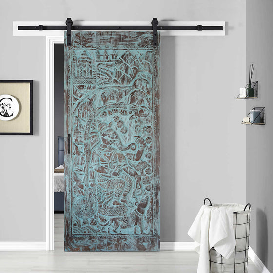 Vintage India Carved Wall Panel Radha Krishna Blue Sliding Barn Door 96x40
