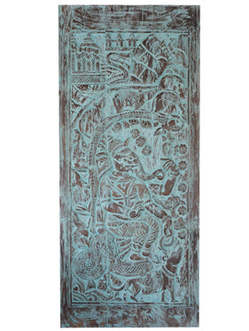 Turquoise Ganesha On Chariot Wall Sculpture, Carved Barn Door 96x40