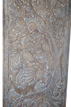 Natural Fluting Krishna Sculpture, Vintage Carving Barn Door 96
