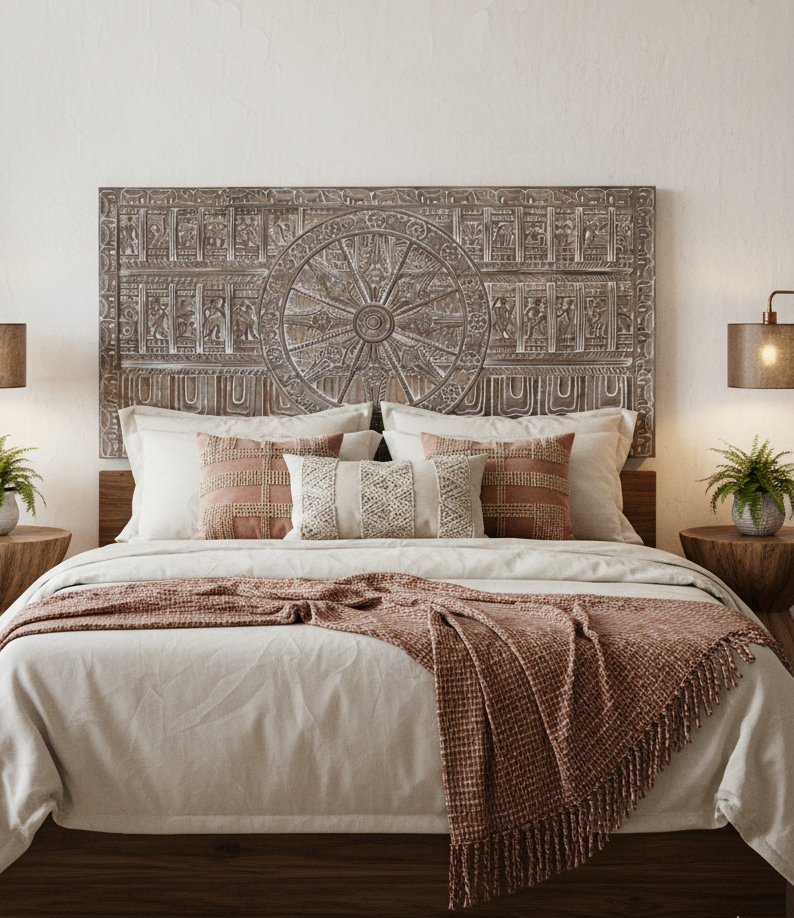 Vintage Carved Wall Panel Sun Temple Headboard Wood Wall Sculpture 72