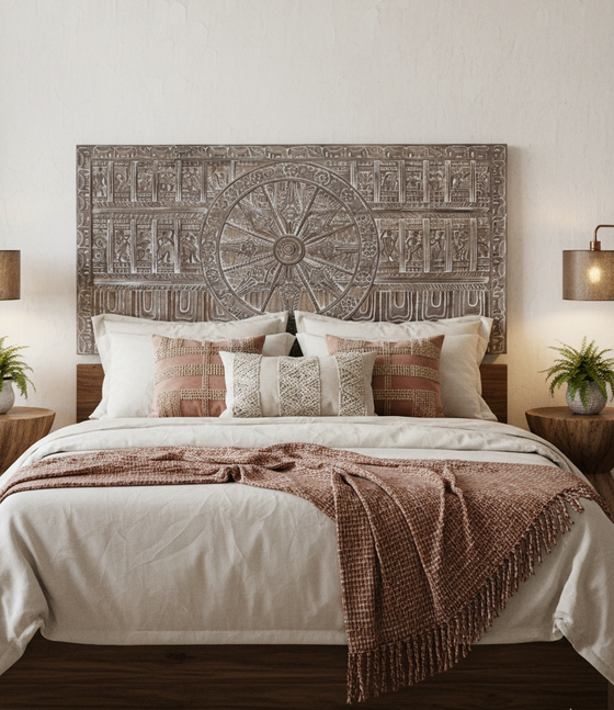 Vintage Carved Wall Panel Sun Temple Headboard Wood Wall Sculpture