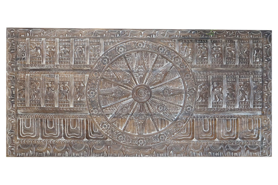 Vintage Carved Wall Panel Sun Temple Headboard Wood Wall Sculpture