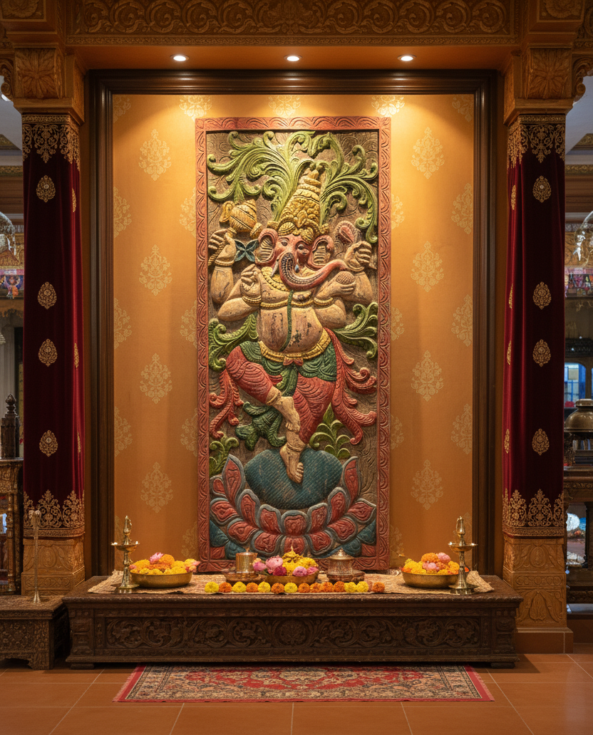 Vintage Ganesha Carving Wall Art Colorful Temple Decor Wall Panel Decor 84