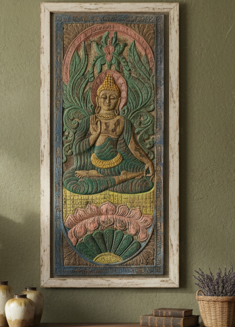 Vintage Carved Blessing Buddha Wall Art Colorful Wall Decor Panel 83x36