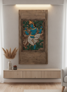  Boho Indian Carved Blue Krishna Wall Sculpture Temple Decor Wall Art 