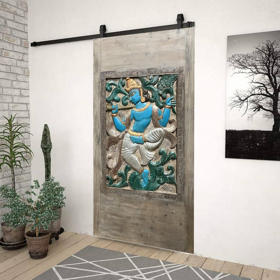  Boho Indian Carved Blue Krishna Wall Sculpture Temple Decor Wall Art 
