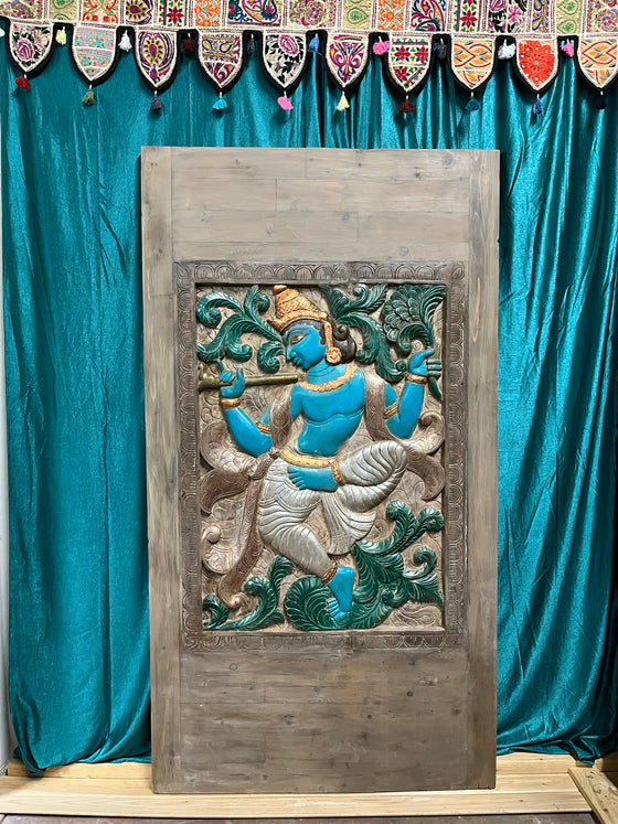 Boho Indian Carved Blue Krishna Wall Sculpture Temple Decor Wall Art 