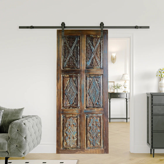 Hand Carved Vintage Door Blue Nail Studs Sliding Barn Door 