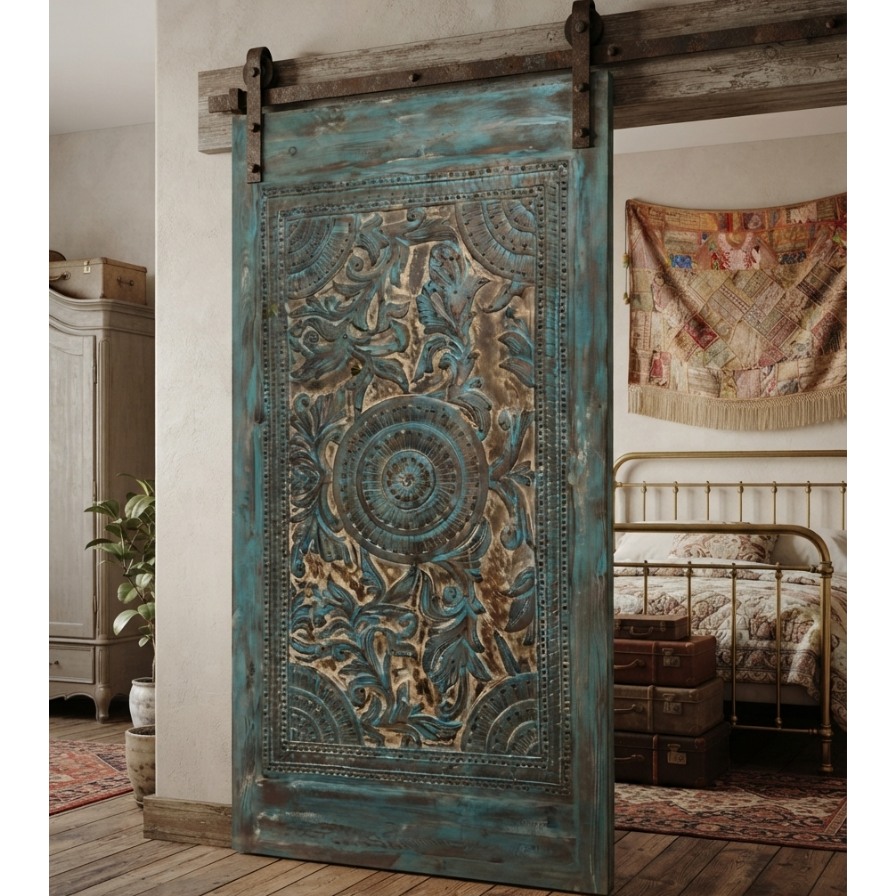 Vintage Lotus Mandala Carved Door with Brass Studs | Rustic Barn Door