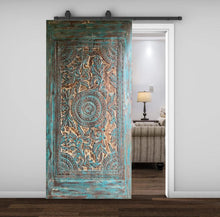  Vintage Carved Blue Door Brass Studs Lotus Carved Sliding Barn Door 