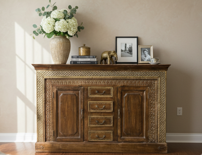 Antique Carved Sideboard Buffet Dresser Brass Accents Storage Chest 65x41
