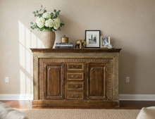  Antique Carved Sideboard Buffet Dresser Brass Accents Storage Chest 