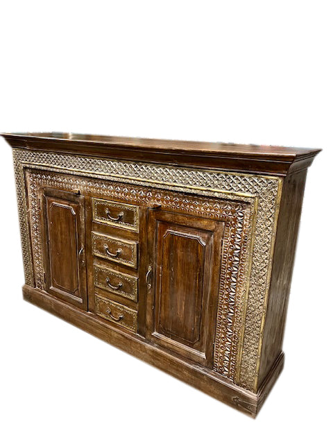 Antique Carved Sideboard TV Cabinet With Drawers Brass Accents, India 65x41