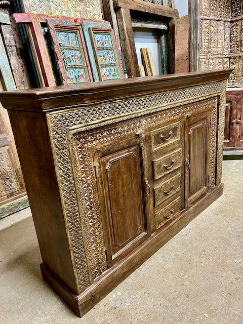 Antique Carved Sideboard TV Cabinet With Drawers Brass Accents, India 65x41