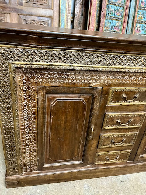 Antique Carved Sideboard TV Cabinet With Drawers Brass Accents, India 65x41