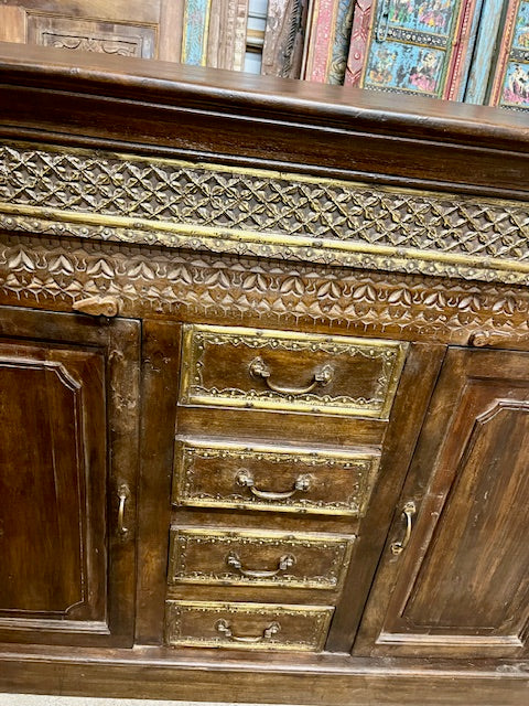 Antique Carved Sideboard TV Cabinet With Drawers Brass Accents, India 65x41