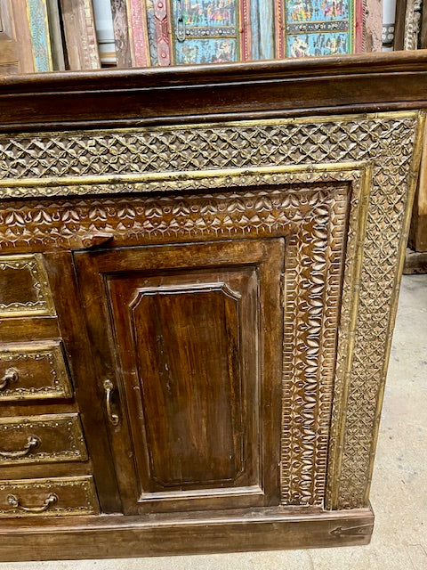 Antique Carved Sideboard TV Cabinet With Drawers Brass Accents, India 65x41