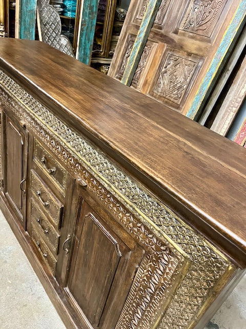 Antique Carved Sideboard TV Cabinet With Drawers Brass Accents, India 65x41