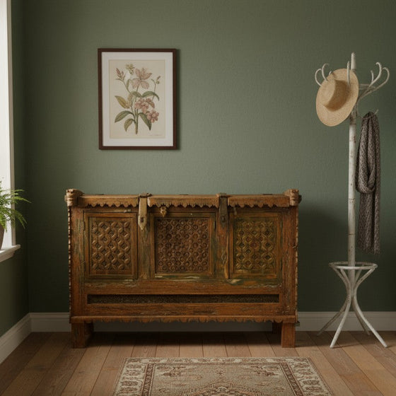 Antique Indian Damchiya Chest –Hand Carved Sideboard Console Table 
