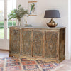 Vintage Carved Sideboard Buffet Lattice Carved Doors Brass Stud Accents