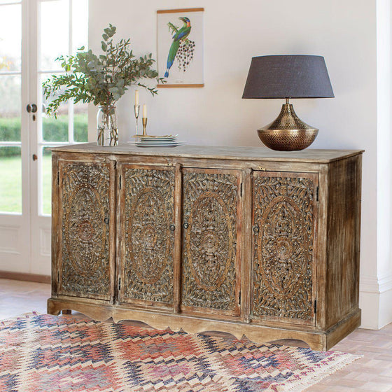 Vintage Carved Sideboard Buffet Lattice Carved Doors Brass Stud Accents