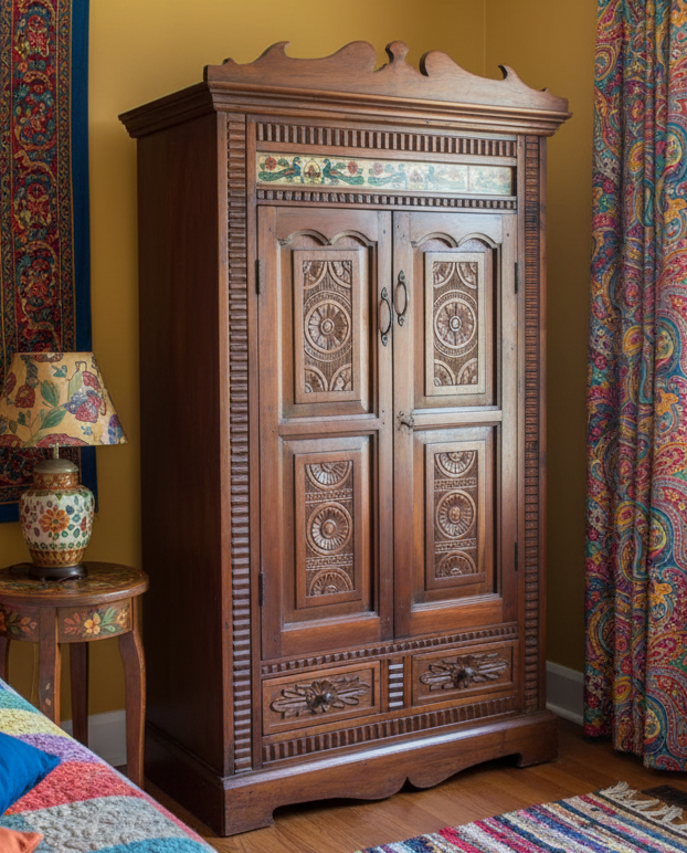 Antique Carved Armoire with Painted Tiles – Vintage Bedroom Cabinet 71x41