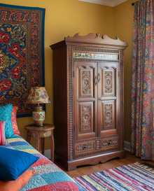  Antique Carved Armoire with Painted Tiles – Vintage Bar Bedroom Cabinet