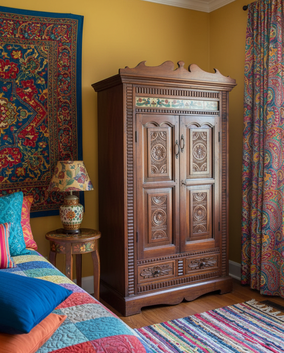 Antique Carved Armoire with Painted Tiles – Vintage Bar Bedroom Cabinet
