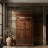 Antique Carved Armoire with Painted Tiles – Vintage Bedroom Cabinet 
