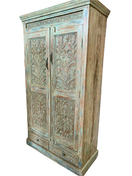 Antique Carved Wardrobe Armoire with Brass Studs, Wine & Bar Cabinet 72