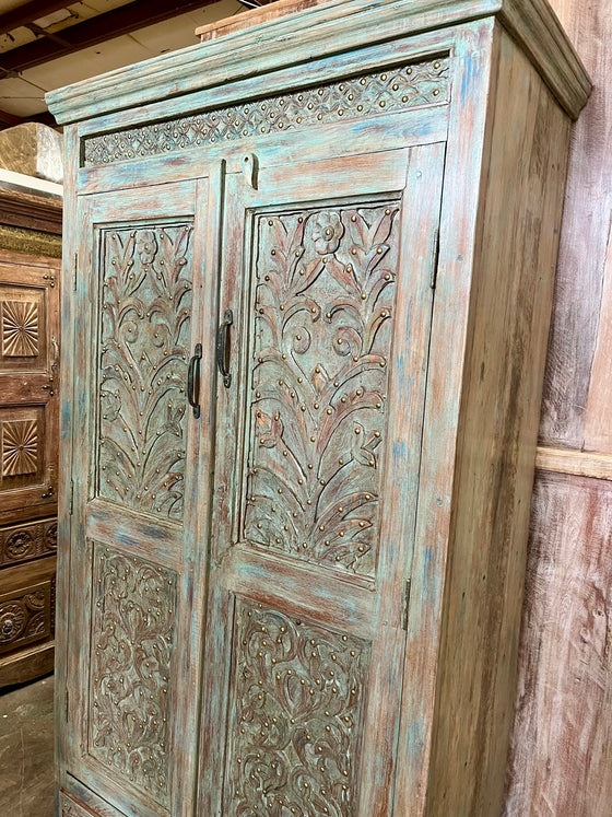 Antique Carved Wardrobe Armoire with Brass Studs, Wine & Bar Cabinet 72