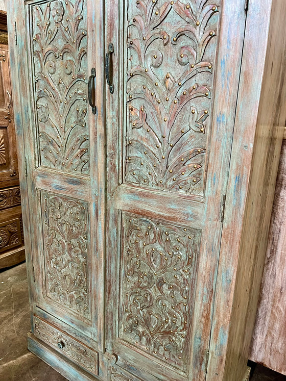 Antique Carved Wardrobe Armoire with Brass Studs, Wine & Bar Cabinet 72