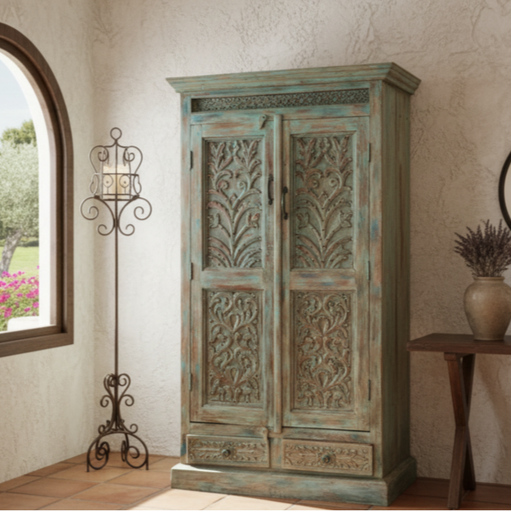  Antique Carved Wardrobe Armoire with Brass Studs, Wine & Bar Cabinet 72