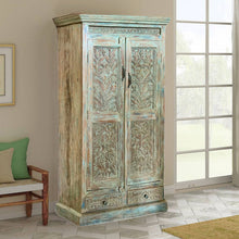  Antique Green Carved Armoire with Brass Studs Wardrob Wine & Bar Cabinet 72