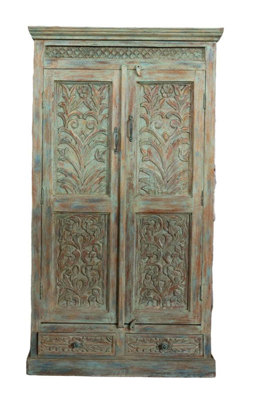 Antique Armoire Vintage Bluewash Rustic Carved Statement Cabinet 72