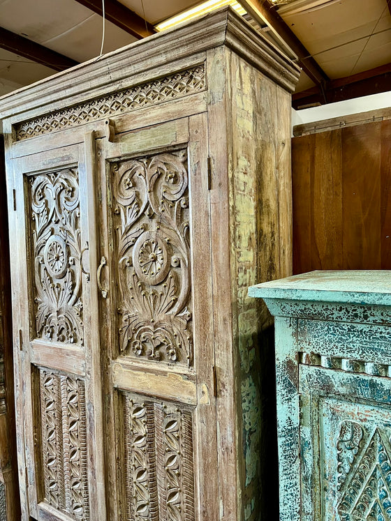 Antique Whitewashed Wardrobe Armoire with Floral Brass Studs Cabinet