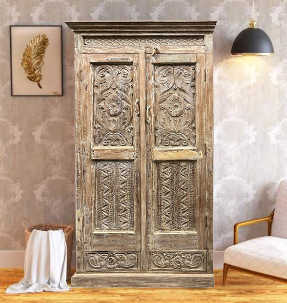 Antique Whitewashed Wardrobe Armoire Mediterranean Cabinet 72
