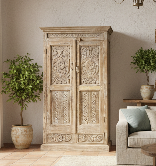 Antique Wardrobe Armoire Whitewashed Mediterranean Style Cabinet 72