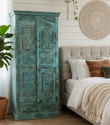  Antique Carved Armoire Bluewash Wood Wardrobe Storage Statement Bar Cabinet