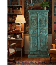  Antique Carved Armoire Bluewash Wood Wardrobe Storage Statement Bar Cabinet