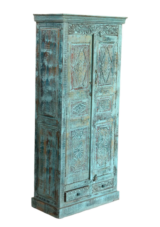 Bohemian Shabby Chic Armoire Rustic Carved Tall Statement Cabinet 81