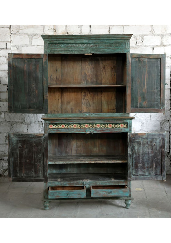 Antique Armoire Hutch Cabinet Teal Blue 4 Doors Carved Statement Armoire 81