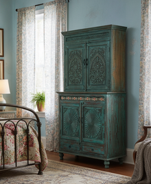  Antique Armoire Ornate Carved Green Painted Tiles – Hutch Bedroom Cabinet