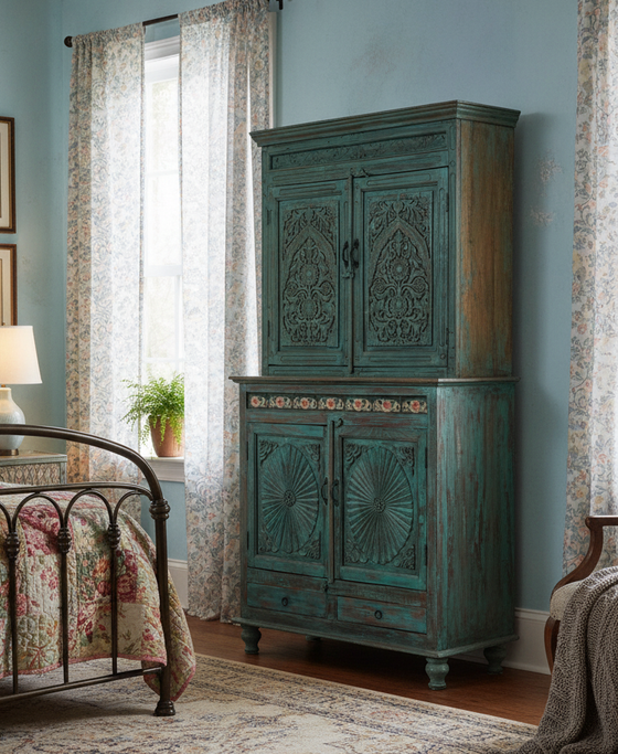 Antique Armoire Ornate Carved Green Painted Tiles – Hutch Bedroom Cabinet